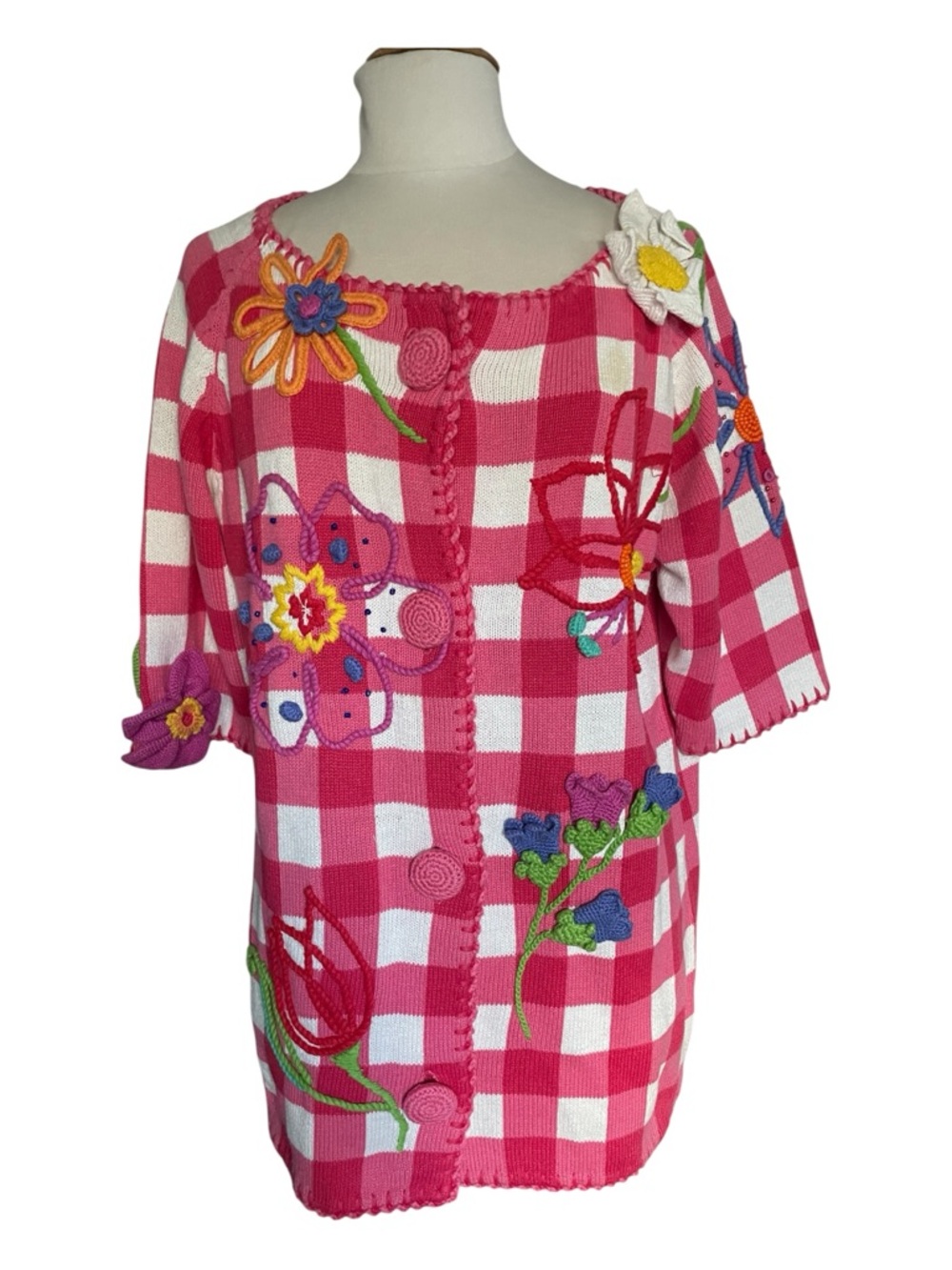 Vintage Michael Simon New York Pink & White Gingham Floral Beaded Sweater OS